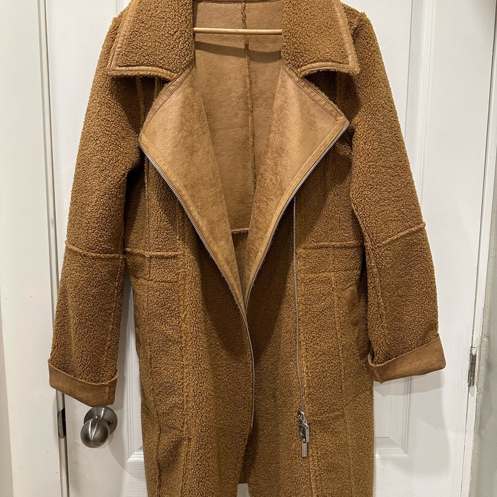 Nikki Jones reversible faux suede/shearling long moto style coat - Picture 3 of 14